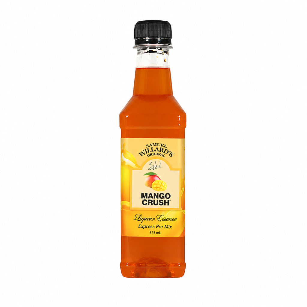 A bottle of Samuel Willard's Mango Crush premix, with a yellow label and a black cap.